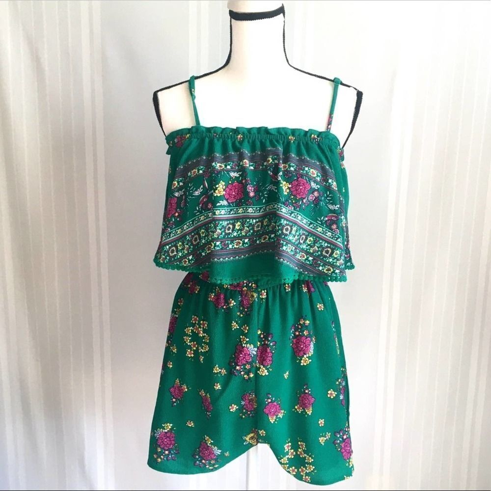 miami Ruffle Floral Romper Sleeveless Green Medium Spaghetti Straps Francesca's